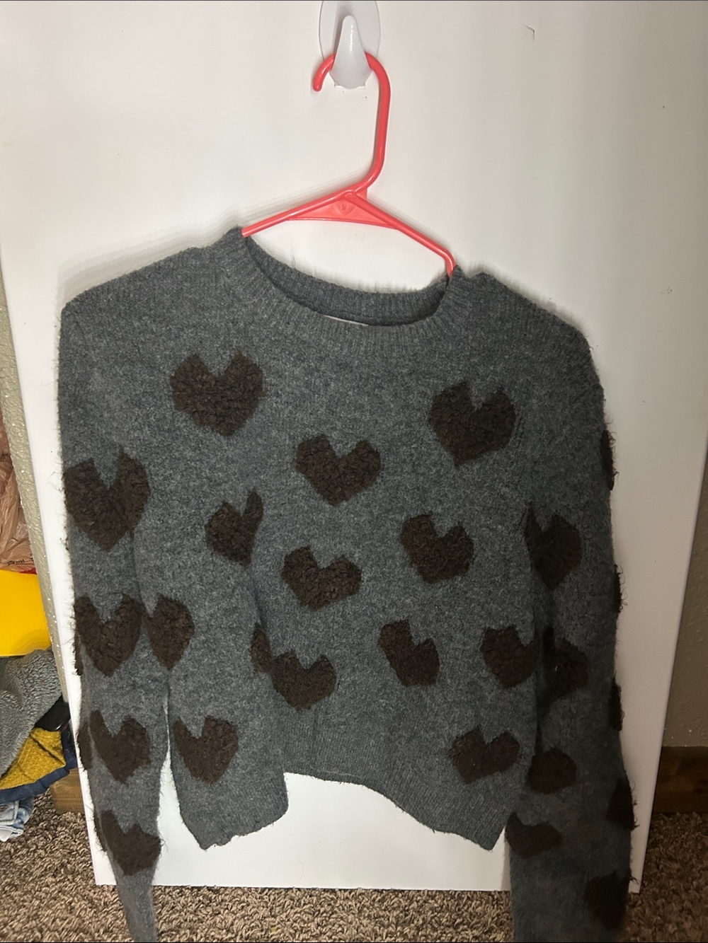 Gray Crewneck Sweater with Brown Heart Accents